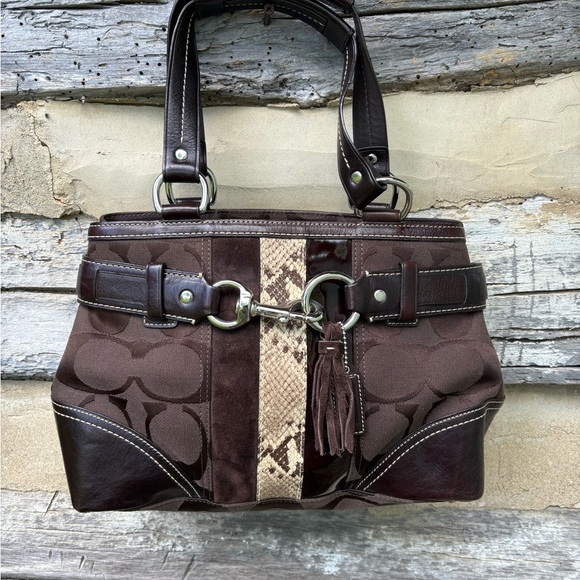Coach Handbags - Coach Brown Signature Canvas Satchel with Snakeskin Stripe